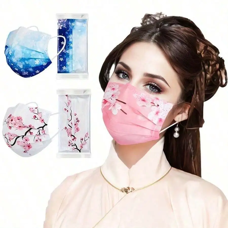 10pcs Floral Sakura Print 3-Pl - огляд і ціна Disposable Mask Blue