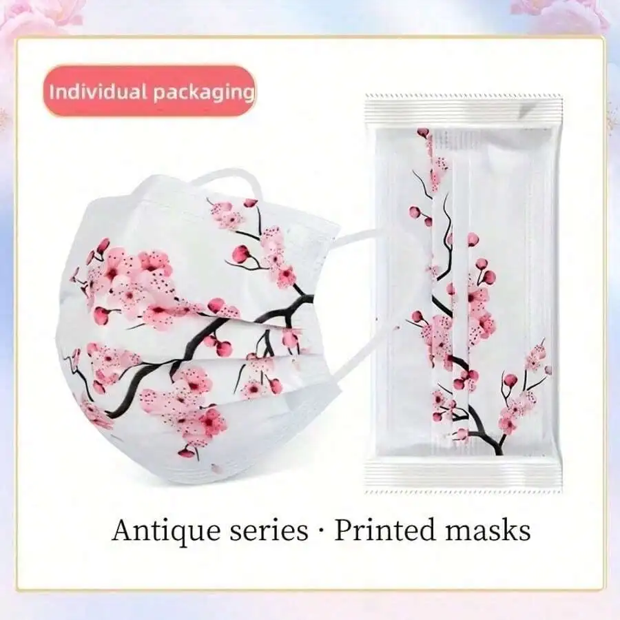 10pcs Floral Sakura Print 3-Pl - огляд і ціна Disposable Mask Blue